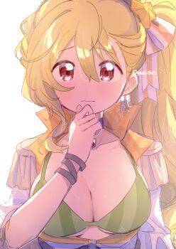 Rule 34 | 1girl, bikini, blonde hair, blush, bow, breasts, cleavage, closed mouth, collarbone, commentary request, dot nose, earrings, green bikini, hair between eyes, hair bow, hand up, highres, jewelry, large breasts, long hair, looking at viewer, magia record: mahou shoujo madoka magica gaiden, mahou shoujo madoka magica, orange bow, red eyes, serizawa serizane, side ponytail, simple background, solo, striped bikini, striped bow, striped clothes, swimsuit, togame momoko, twitter username, upper body, vertical-striped bikini, vertical-striped clothes, white background