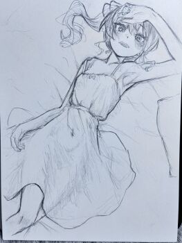 1girl alternate_costume armpits ayeon blush breasts covered_navel dress graphite_(medium) greyscale hand_up highres hololive hoshimachi_suisei looking_at_viewer lying medium_dress monochrome on_back photo_(medium) ponytail simple_background small_breasts solo teeth traditional_media upper_teeth_only virtual_youtuber white_background