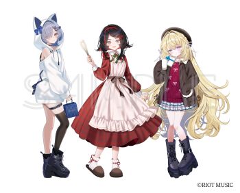 Rule 34 | 3girls, animal ears, animal hood, apron, aran sweater, bare shoulders, beret, black hair, black hat, black thighhighs, blonde hair, blue eyes, blue nails, blush, boots, box, brown eyes, brown slippers, cable knit, character request, closed mouth, clothing cutout, commentary request, drawstring, dress, fake animal ears, frilled dress, frills, fur-trimmed sleeves, fur trim, gift, gift box, grey boots, grey hair, hair over one eye, hairband, hat, heterochromia, highres, holding, holding gift, hood, hood up, hoodie, lace-up boots, long hair, long sleeves, mementovanitas, multicolored hair, multiple girls, myusha, nail polish, plaid clothes, plaid dress, pleated dress, purple eyes, red hair, red hairband, red sweater, riot music, sample watermark, short hair, shoulder cutout, simple background, single thighhigh, sleeves past fingers, sleeves past wrists, slippers, smile, socks, sweater, thighhighs, thighhighs under boots, two-tone hair, valentine, very long hair, virtual youtuber, watermark, whisk, white apron, white background, white hoodie, white socks