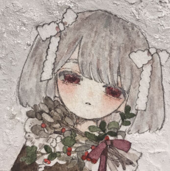 Rule 34 | 1girl, blush, bow, brown hair, commentary request, expressionless, flower, grey hair, hair bow, hair ribbon, highres, karintoun, lace, looking at viewer, original, painting (medium), parted lips, portrait, red eyes, ribbon, short hair, simple background, straight-on, swept bangs, traditional media, watercolor (medium), white background