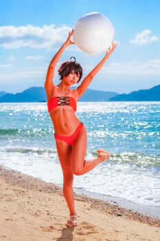 1girl absurdres ahoge arm_up armpits arms_up ass ball beach bikini black_hair blue_sky blurry breasts closed_mouth collarbone commentary cosplay cosplay_photo dark-skinned_female dark_skin depth_of_field dutch_angle feet female_focus food-themed_hair_ornament full_body groin hair_between_eyes hair_ornament highres holding holding_ball inflatable_toy jacket japanese_(nationality) kneeling leg_up looking_at_viewer make_heroine_ga_oo_sugiru! medium_breasts mountainous_horizon navel negoto_hitsuji ocean orange_bikini outdoors parted_lips photo_(medium) purple_eyes real_life red_lips round_teeth sand sandals shadow shore short_hair sky smile solo squatting standing standing_on_one_leg strapless strapless_bikini swimsuit tan tanline teeth thigh_gap thighs tiptoes toes upper_teeth_only waves yakishio_lemon yakishio_lemon_(cosplay)