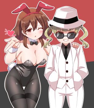 2girls :o ;o animal_ear_hairband animal_ears bare_shoulders black_background black_bow black_bowtie black_leotard black_necktie black_pantyhose black_shirt blowing_kiss blush bow bowtie breasts brown_eyes brown_hair buttons character_request cleavage collarbone collared_shirt commentary_request cowboy_shot detached_collar dot_nose double-parted_bangs fake_animal_ears formal_clothes green_hair grin hair_between_eyes hairband hat heart highres ibe_sayuri jacket koisuru_asteroid leotard long_hair long_sleeves looking_at_viewer ma_tsukasa medium_breasts multiple_girls necktie one_eye_closed open_clothes open_jacket open_mouth outline pants pantyhose playboy_bunny rabbit_ear_hairband rabbit_ears red_background red_hairband shirt smile strapless strapless_leotard suit sunglasses thighband_pantyhose twintails two-tone_background vest white_hat white_jacket white_outline white_pants white_suit white_vest wrist_cuffs