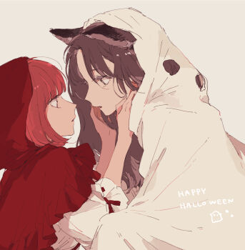 animal_ears black_hair cosplay eye_contact fake_animal_ears hand_on_another&#039;s_cheek hand_on_another&#039;s_face happy_halloween highres kakmxxxny06 kono_koi_wo_hoshi_ni_wa_negawanai kousaka_fuyuki little_red_riding_hood_(fairy_tale_character) little_red_riding_hood_(fairy_tale_character)_(cosplay) looking_at_another parted_lips red_hair shirai_eri