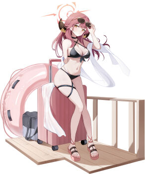 1girl absurdres aru_(blue_archive) bikini black_bikini blue_archive breasts cleavage closed_mouth commentary demon_horns eyewear_on_head full_body halo highres horns innertube large_breasts li_se long_hair looking_at_viewer navel orange_eyes pink_hair platform_sandals red_hair red_halo rolling_suitcase sandals solo suitcase sunglasses swim_ring swimsuit thigh_strap toes