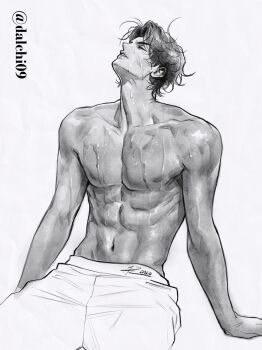 Rule 34 | 1boy, abs, black hair, closed eyes, commentary, cowboy shot, dalchi09, dripping, english commentary, facing up, greyscale, head tilt, leaning back, male focus, monochrome, muscular, muscular male, omniscient reader's viewpoint, pectorals, short hair, sitting, solo, topless male, wet, yoo joonghyuk