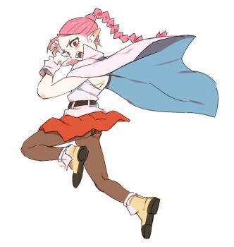 1other :d belt black_belt blue_cape brown_pantyhose cape chrono_trigger commentary_request flea_(chrono_trigger) gan2 gloves high_braided_ponytail high_collar highres long_hair miniskirt open_mouth other_focus panties panties_under_pantyhose pantyhose pantyshot pink_cape pink_eyes pink_gloves pink_hair pink_shirt pointy_ears red_skirt shirt shoes shoulder_blades simple_background skirt smile solo teeth two-sided_cape two-sided_fabric two-tone_cape underwear upper_teeth_only v-shaped_eyebrows white_background yellow_shoes