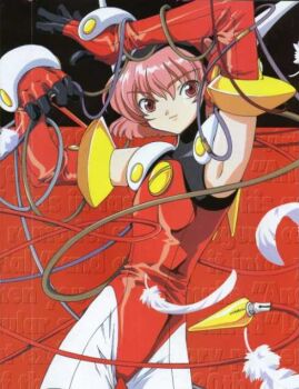 1girl angelic_layer cable clamp elbow_gloves female_focus gloves hikaru_(angelic_layer) jpeg_artifacts leotard official_art pink_hair red_eyes red_leotard short_hair solo