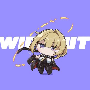 arikuigames1105 bare_shoulders blonde_hair chest_harness chibi closed_mouth evelyn_chevalier full_body hair_intakes harness highres jacket necktie pants purple_eyes sidelocks standing strap tight_clothes tight_pants zenless_zone_zero