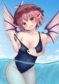 1girl :d animal_ears bird_ears bird_girl bird_wings black_one-piece_swimsuit blue_sky blush breasts brown_background cleavage clothes_pull cloud collarbone commentary covered_navel fang fingernails green_nails groin hat highres large_breasts long_fingernails mob_cap mystia_lorelei one-piece_swimsuit one-piece_swimsuit_pull open_mouth outdoors partially_submerged pink_hair pulling_own_clothes school_swimsuit short_hair sky smile solo suigetsu_(watermoon-910) swimsuit touhou white_wings wings yellow_eyes