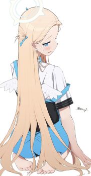 1girl angel's_24_uniform_(blue_archive) apron barefoot blonde_hair blue_apron blue_archive blue_eyes blue_halo blush caff_(aosui9) commentary forehead from_behind halo highres long_hair mini_wings open_mouth polo_shirt seiza shirt short_sleeves simple_background sitting soles solo sora_(blue_archive) turning_head twitter_username two_side_up white_background white_shirt white_wings wings