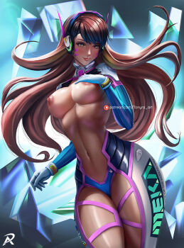 abstract_background bikini blue_bikini blush bodysuit breasts brown_hair commentary crystal d.va_(overwatch) english_commentary floating_hair gloves hair_between_eyes hand_on_own_chest headphones large_breasts lipstick long_hair looking_to_the_side makeup multicolored_bodysuit navel nipples overwatch patreon_username radio_antenna signature swimsuit tonyra turtleneck white_gloves