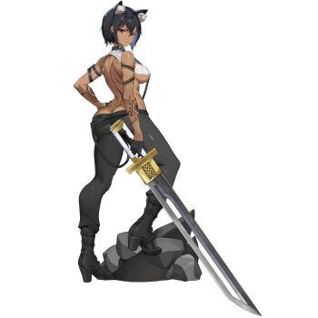 1girl animal_ear_fluff animal_ears arm_pouch arm_tattoo ass backless_shirt belt black_belt black_boots black_collar black_hair black_pants boots breasts butt_crack closed_mouth collar crop_top dark-skinned_female dark_skin dog_ears dog_girl full_body hair_between_eyes hand_on_own_hip high_heel_boots high_heels highres holding holding_sword holding_weapon last_origin leg_up looking_at_viewer looking_back median_furrow muscular muscular_female non-web_source official_alternate_costume official_alternate_eye_color official_alternate_skin_color official_art on_rock pants red_eyes ribbed_shirt shirt short_hair shoulder_blades sideboob simple_background sleeveless sleeveless_shirt solo spiked_collar spikes standing sword tachi-e tattoo transparent_background u-rix vargr_(last_origin) weapon white_shirt