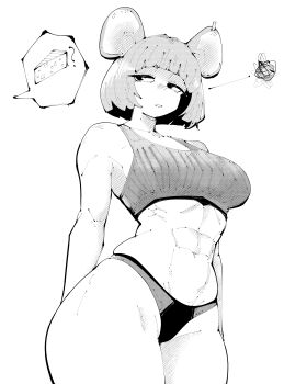 1girl abs absurdres animal_ears arched_bangs arms_behind_back breasts cheese closed_mouth commentary cowboy_shot english_commentary food greyscale hatching_(texture) highres large_breasts linear_hatching looking_to_the_side miregeist monochrome mouse_ears mouse_girl narrowed_eyes original panties short_hair simple_background solo speech_bubble spoken_food sports_bra squiggle thighs toned toned_female underwear white_background