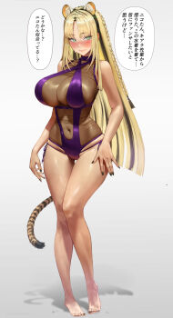 alternate_costume animal_ear_fluff animal_ears bare_shoulders barefoot black_nails black_streaks blonde_hair blunt_ends blush braid breasts cleavage commentary commentary_request cosplay covered_navel criss-cross_halter embarrassed english_commentary feet full_body full_cleavage gradient_background green_eyes grey_background halterneck hand_on_own_leg highres hololive hololive_dev_is knees_together_feet_apart koganei_niko large_breasts long_hair long_sidelocks looking_at_viewer maro2ki3 middle_part mixed-language_commentary multicolored_hair nail_polish nervous_sweating nose_blush one-piece_swimsuit parted_hair purple_one-piece_swimsuit see-through_cleavage see-through_clothes side-tie_one-piece_swimsuit side_braid sidelocks simple_background skindentation slit_pupils straight_hair streaked_hair sweat swimsuit tail takanashi_kiara takanashi_kiara_(cosplay) takanashi_kiara_(perfume_swimsuit) thighs tiger_ears tiger_tail toes two-tone_hair very_long_hair virtual_youtuber white_background wide_hips