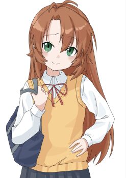 Rule 34 | 1girl, bag, blush, brown hair, closed mouth, dot nose, feet out of frame, female focus, green eyes, hair between eyes, happy, henfrey14, holding, koshigaya komari, long hair, long sleeves, looking at viewer, non non biyori, red ribbon, ribbon, school bag, school uniform, shirt, simple background, skirt, smile, solo, standing, sweater vest, white background, yellow sweater vest