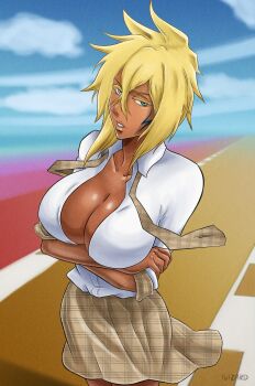 1girl absurdres arms_under_breasts bleach blonde_hair blouse breasts collarbone colored_eyelashes crossed_arms dark-skinned_female dark_skin espada facial_mark green_eyes highres ivizard_art93 large_breasts medium_hair necktie parted_lips school_uniform seductive_gaze shirt skirt sky solo solo_focus standing teeth tier_harribel undone_necktie