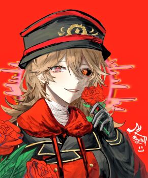 Rule 34 | 1girl, aegyo sal, animification, bandaged neck, bandages, black coat, black hat, black sclera, brown eyes, brown hair, burn scar, buttons, coat, colored sclera, commentary, cosplay, eddsworld, flower, future tord (eddsworld), future tord (eddsworld) (cosplay), genderswap, genderswap (mtf), glowing, glowing eyes, hair between eyes, hat, heterochromia, holding, holding flower, hood, hood down, hoodie, iuyitd, long hair, looking at viewer, military hat, military uniform, mismatched sclera, red background, red eyes, red flower, red hoodie, red rose, ringed eyes, rose, scar, self cosplay, simple background, smile, solo, symbol-only commentary, the beginning and the friend, tord (eddsworld), tori (eddsworld)