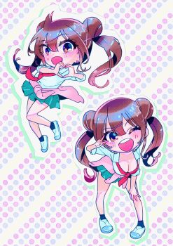 1girl black_socks blush breasts brown_eyes brown_hair cardigan cardigan_around_waist chibi cleavage clothes_around_waist commentary_request double_bun green_skirt hair_between_eyes hair_bun hair_ornament heart heart_hands highres kaba_yuuji kakunaru_ue_wa large_breasts leaning_forward long_hair looking_at_viewer miyamoto_niina multiple_views neckerchief open_mouth pink_cardigan pleated_skirt polka_dot polka_dot_background red_neckerchief school_uniform shirt shoes skirt smile socks standing star_(symbol) star_hair_ornament teeth twintails twintails_day upper_teeth_only uwabaki v v_over_eye white_shirt white_shoes x_hair_ornament