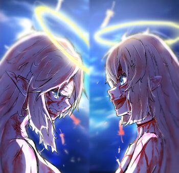 2girls angel angel_girl angry blood blood_on_clothes blood_on_face blue_eyes blurry blurry_background cuts injury lucifina_(mon-musu_quest!) micaela_(mon-musu_quest!) mon-musu_quest! mon-musu_quest:_paradox multiple_girls pointy_ears sent99 siblings sisters teeth