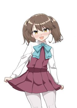 1girl :d blue_bow blue_bowtie bow bowtie brown_eyes brown_hair cosplay dress female_focus grey_pantyhose hair_between_eyes highres kantai_collection kirigakure_(kirigakure_tantei_jimusho) long_sleeves open_mouth pantyhose purple_dress ryuujou_(kancolle) shirt short_hair simple_background sleeveless sleeveless_dress smile solo twintails white_background white_shirt yuugumo_(kancolle) yuugumo_(kancolle)_(cosplay)