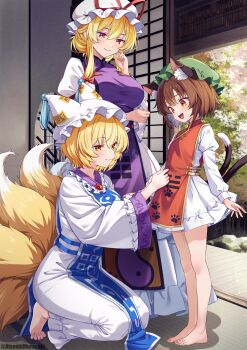 3girls adjusting_another&#039;s_clothes animal_ears barefoot blonde_hair blue_tabard breasts brown_eyes brown_hair cat_ears cat_girl cat_tail chen dress fox_girl fox_tail green_hat hat highres indoors kneeling large_breasts long_hair mob_cap multiple_girls multiple_tails murasaki_atsushi photo_background purple_tabard red_tabard short_dress short_hair shouji sliding_doors smile standing tabard tail tatami touhou two_tails white_dress white_hat yakumo_ran yakumo_yukari