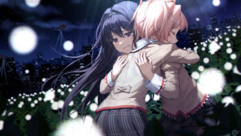 2girls absurdres aircraft akemi_homura back_bow black_hair black_hairband black_skirt bow brown_bow brown_shirt city clenched_teeth closed_eyes cloud collared_shirt commentary_request cowboy_shot crying crying_with_eyes_open eyelashes from_behind hair_between_eyes hair_intakes hair_ribbon hairband hands_on_another's_back helicopter high_collar highres hug juliet_sleeves kaname_madoka kipus lace lace-trimmed_shirt lace-trimmed_sleeves lace_trim leaning_forward light_blush light_particles light_rays long_sleeves mahou_shoujo_madoka_magica mahou_shoujo_madoka_magica_(anime) miniskirt mitakihara_school_uniform multiple_girls night open_mouth outdoors park pink_hair plaid_clothes plaid_skirt pleated_skirt pocket pointy_nose puffy_sleeves purple_eyes red_ribbon ribbon sad school_uniform shirt short_hair short_twintails skirt sky smile streaming_tears studded_hairband teardrop tears teeth twintails