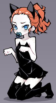 Rule 34 | 1girl, akableak, animal ear legwear, animal ears, black dress, black thighhighs, blue eyes, body freckles, breasts, cat ear legwear, cat ears, charlotte (akableak), dress, fake animal ears, freckles, grey background, highres, kneeling, looking at viewer, orange hair, original, pacifier, paw pose, ponytail, simple background, small breasts, solo, strapless, strapless dress, thighhighs