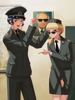1boy 1girl absurdres black_necktie blonde_hair blue_hair cabinet collared_shirt east_germany erich_honecker garrison_cap green_eyes hat highres indoors k0ushou map military_uniform nationale_volksarmee necktie original peaked_cap real_life shirt skirt sunglasses yellow_eyes
