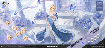 1girl artist_request azur_lane blonde_hair blue_dress blue_eyes breasts bug butterfly cleavage clothing_cutout commentary covered_navel dress english_commentary english_text full_body garter_straps hair_over_shoulder highres hip_vent hood_(azur_lane) hood_(elegance_meant_for_one)_(azur_lane) insect jewelry looking_at_viewer multiple_views official_alternate_costume official_art second-party_source shoes solo thighhighs tilted_headwear white_shoes white_thighhighs