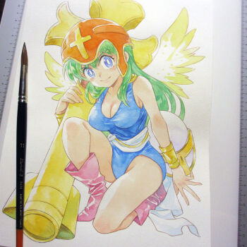 1girl agahari angel angel_wings art_brush art_tools_in_frame bikkuriman blue_eyes blue_leotard boots bracer breasts cleavage closed_mouth commentary_request cross cross_angel feathered_wings full_body green_hair hand_up high_heel_boots high_heels large_breasts leotard long_hair looking_at_viewer on_one_knee paintbrush painting_(medium) photo_(medium) pink_boots sash solo tight_clothes traditional_media white_sash wings yellow_wings