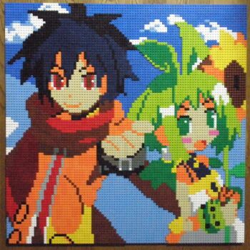 Rule 34 | 1boy, 1girl, ash (phantom brave), black hair, blue sky, closed mouth, cloud, flower, green eyes, green hair, holding, holding flower, lego, lego (medium), looking at viewer, marona (phantom brave), open mouth, outdoors, phantom brave, photo (medium), pixel art, red eyes, red scarf, scarf, short hair, sky, smile, sunflower, unconventional media, upper body, you rei (blowback)