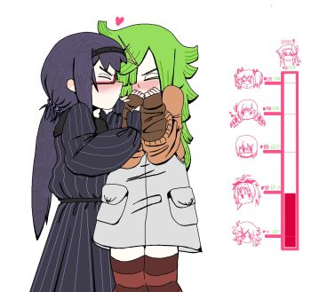 akemi_homura aki_mabayu akuma_homura black_dress black_hair black_hairband blush brown_sleeves brown_thighhighs closed_mouth coat covering_own_mouth dress from_side green_hair grey_coat hairband hand_over_own_mouth hands_up heart highres imminent_kiss kaname_madoka kiss_meter_(meme) long_hair mahou_shoujo_madoka_magica mdhmirl meme miki_sayaka pocket ponytail profile sakura_kyoko simple_background sleeves_past_wrists striped_clothes striped_dress thighhighs tomoe_mami vertical-striped_clothes vertical-striped_dress white_background zettai_ryouiki
