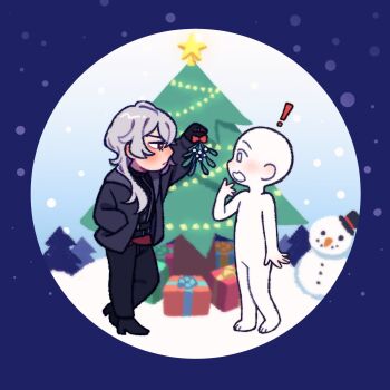 ! 1boy 1other a_date_with_death black_gloves black_shirt casper_(a_date_with_death) chibi chibi_only christmas_lights christmas_tree forest full_body gift gloves grey_jacket hand_in_pocket highres holding holding_mistletoe jacket jellyfish_cut male_focus mistletoe muscular muscular_male narrowed_eyes nature official_art promotional_art shirt short_hair sleeveless sleeveless_shirt snowman standing star_(symbol) tree viewer_self-insert white_hair