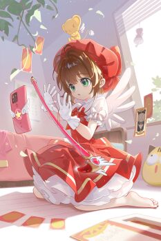 1girl absurdres angel_wings animal animal_on_head barefoot bed bedroom bow bowtie brown_hair calendar_(object) card cardcaptor_sakura cellphone child chinese_commentary commentary_request concentrating davidavi dress floating floating_object gloves green_eyes hands_up hat highres kero_(cardcaptor_sakura) kinomoto_sakura kinomoto_sakura_(magician) levitation magical_girl on_floor on_head open_mouth petticoat phone puffy_short_sleeves puffy_sleeves red_bow red_bowtie red_dress red_hat short_hair short_sleeves sidelocks sitting smartphone soles solo stuffed_animal stuffed_cat stuffed_toy sweat telekinesis toes wand wariza white_gloves white_wings window wings