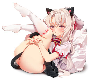 Rule 34 | 1girl, agnamore, animal ears, ass, black skirt, black tail, blush, cat ears, cat girl, cat tail, closed mouth, fake tail, fate/grand order, fate/kaleid liner prisma illya, fate (series), feet, feet up, full body, hair between eyes, half-closed eyes, highres, holding legs, illyasviel von einzbern, kneehighs, legs, legs up, long hair, looking at viewer, lying, no shoes, on back, pillow, red eyes, shirt, short sleeves, simple background, skirt, smile, socks, solo, tail, very long hair, wavy mouth, white background, white hair, white shirt, white socks