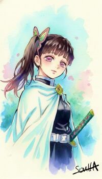 1girl artist_name belt breasts brown_hair butterfly_hair_ornament cape cropped_legs demon_slayer_uniform hair_ornament highres katana kimetsu_no_yaiba long_hair long_sleeves looking_at_viewer medium_breasts pink_eyes side_ponytail smile so_wa solo sword tsuyuri_kanao weapon white_belt