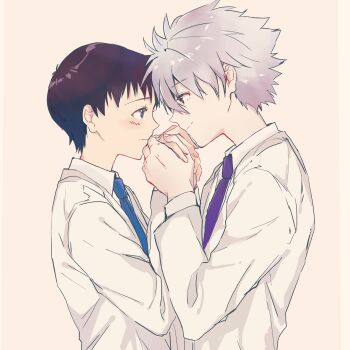 Rule 34 | 2boys, black hair, blue necktie, blush, closed mouth, collared shirt, commentary request, eye contact, grey hair, height difference, highres, holding hands, husband and husband, ikari shinji, jacket, looking at another, male focus, multiple boys, nagisa kaworu, necktie, neon genesis evangelion, purple necktie, shirt, short hair, smile, suit jacket, upper body, white jacket, white shirt, yaoi, yorumi1117