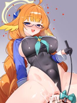 1boy 1girl :d absurdres ahoge aqua_neckerchief bar_censor black_gloves black_leotard blue-framed_eyewear blue_archive blue_eyes blue_shrug blue_sleeves blunt_bangs blush braid breasts breath censored clothed_sex clothing_aside commentary covered_erect_nipples cowgirl_position cum cum_in_pussy english_commentary feather_hair glasses gloves grey_background groin hair_intakes half_gloves halo happy_sex heart heart-shaped_pupils hetero highleg highleg_leotard highres holding holding_riding_crop large_breasts leotard leotard_aside long_hair long_sleeves looking_down low_twin_braids low_twintails motion_lines nabiyan neckerchief neckerchief_between_breasts nose_blush official_alternate_costume official_alternate_hairstyle open_mouth orange_hair pussy riding_crop semi-rimless_eyewear sex shimiko_(blue_archive) shimiko_(magical)_(blue_archive) shrug_(clothing) simple_background smile solo_focus stomach_bulge straddling sweat symbol-shaped_pupils twin_braids twintails twitching vaginal variant_set very_long_hair yellow_halo