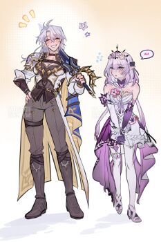 2girls breasts castorice_(honkai:_star_rail) choker closed_eyes elbow_gloves fingerless_gloves full_body genderswap genderswap_(mtf) gloves grey_hair hand_on_own_hip high_heels highres holding holding_sword holding_weapon honkai:_star_rail honkai_(series) long_hair medium_breasts multiple_girls phainon_(honkai:_star_rail) pointy_ears purple_eyes smile sword sybssite teeth weapon white_background