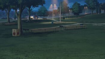 Rule 34 | basketball court, basketball hoop, bench, blurry, building, cloud, cloudy sky, dark, depth of field, dirt road, fence, grass, grill, highres, iron fence, lamppost, night, no humans, non-web source, official art, our life: beginnings and always, park, park bench, plate, road, scenery, shadow, sky, tree