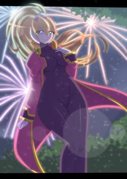 Rule 34 | 1girl, absurdres, black bodysuit, black border, blonde hair, blue eyes, blurry, blurry background, bodysuit, border, breasts, ciel (mega man), coat, commission, cowboy shot, fireworks, high ponytail, highres, long hair, luckerabbit9, medium breasts, mega man (series), mega man zero (series), night, open clothes, open coat, pink coat, ponytail, solo