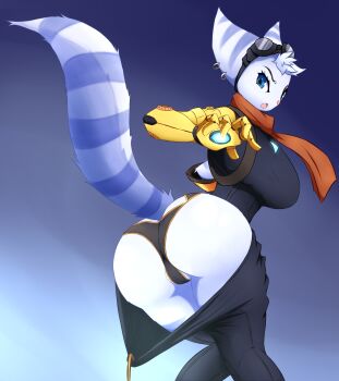 1girl artist_request ass blue_eyes breasts clothes_pull earrings fang female_focus from_behind from_below furry furry_female goggles goggles_on_head highres hook jewelry large_breasts leaning leaning_forward looking_back looking_down mechanical_arms open_mouth panties pants pants_pull ratchet_&amp;_clank ratchet_&amp;_clank:_rift_apart rivet_(ratchet_&amp;_clank) scarf shiny_skin sideboob single_mechanical_arm solo tail underwear