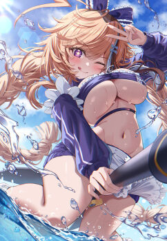 Rule 34 | absurdres, ahoge, apron, azur lane, bandeau, blonde hair, braid, breasts, cleavage, commentary request, frilled apron, frills, highres, huge ahoge, large breasts, licking lips, low twin braids, multicolored hair, official alternate costume, one eye closed, purple bandeau, purple shrug, shrug (clothing), star-shaped pupils, star (symbol), strapless, streaked hair, symbol-shaped pupils, tingin ee, tongue, tongue out, tube top, twin braids, underboob, v, waist apron, white apron, william d. porter (azur lane), william d. porter (the daredevil's maidly service) (azur lane)