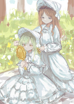 2girls :/ absurdres adjusting_another&#039;s_hair animate_(company) animate_cafe ascot bang_dream! bang_dream!_it&#039;s_mygo!!!!! blush bonnet brown_hair brushing_another&#039;s_hair brushing_hair capelet closed_mouth commentary dress frilled_dress frilled_skirt frills grass green_hair grey_eyes hair_brush half-closed_eyes hand_in_another&#039;s_hair hand_mirror hat hat_ribbon highres holding holding_hair_brush holding_mirror interlocked_fingers latte_bf long_dress long_hair long_sidelocks long_sleeves looking_at_another looking_at_mirror mirror multiple_girls nagasaki_soyo necktie official_alternate_costume outdoors own_hands_together puffy_long_sleeves puffy_sleeves ribbon sidelocks skirt smile wakaba_mutsumi white_ascot white_bonnet white_capelet white_necktie white_ribbon yellow_eyes