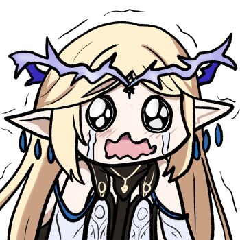 Rule 34 | 1girl, blonde hair, cartethyia (wuthering waves), commentary, crown of thorns, earrings, english commentary, flareza, highres, jewelry, long hair, multiple earrings, parted bangs, pointy ears, sidelocks, simple background, sobbing, solo, trembling, upper body, white background, wuthering waves