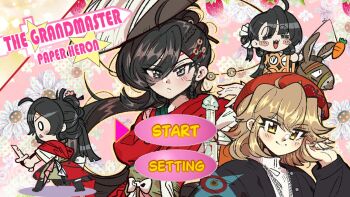 2girls :/ beret black_hair black_jacket broken broken_sword broken_weapon brown_hair carrot carrot_on_stick character_name chibi chibi_inset chinese_clothes commentary english_commentary english_text facial_mark fake_screenshot floral_background forehead_mark hair_between_eyes hand_up hanfu hat jacket jian_(weapon) long_hair looking_at_viewer mule multiple_girls multiple_views official_art orange_eyes paper_heron pink_background red_hanfu red_hat regulus_(reverse:1999) reverse:1999 short_hair smile star_(symbol) sword upper_body user_interface weapon