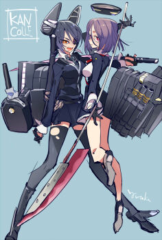 2girls black_cardigan black_dress black_gloves black_shoes black_skirt black_thighhighs blue_background breasts cardigan commentary_request copyright_name dress eyepatch glaive_(polearm) gloves halo headgear highres holding holding_polearm holding_sword holding_weapon kantai_collection long_legs looking_at_viewer mechanical_halo medium_breasts multiple_girls open_mouth orange_eyes pink_eyes polearm purple_hair rigging shoes short_hair signature simple_background skirt sword tatsuta_(kancolle) tenryuu_(kancolle) thighhighs torn_clothes torn_thighhighs weapon yutaka7