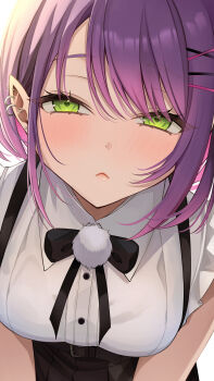 Rule 34 | 1girl, absurdres, aoba takeru, black skirt, breasts, close-up, commentary request, ear piercing, gradient hair, green eyes, hair ornament, hairclip, heart, heart-shaped pupils, highres, hololive, jirai kei, looking at viewer, multicolored hair, official alternate costume, piercing, pink hair, pointy ears, purple hair, shirt, skirt, sleeveless, sleeveless shirt, solo, suspender skirt, suspenders, symbol-shaped pupils, tokoyami towa, tokoyami towa (jirai kei), two-tone hair, virtual youtuber, white shirt