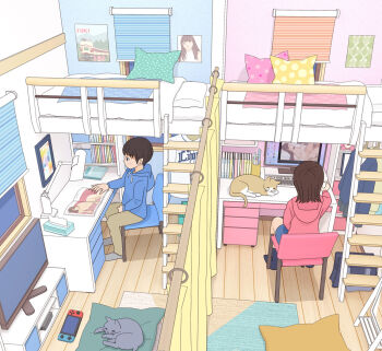 1boy 1girl animal bed bedroom black_socks blue_hoodie blush bookshelf brown_hair cat chair computer computer_keyboard computer_mouse curtains desk desk_lamp female_masturbation grey_socks hood hoodie indoors kiyo_(kyokyo1220) ladder lamp loft_bed loli male_masturbation masturbation masturbation_through_clothes monitor nintendo_switch no_shoes on_chair original perspective pillow pornography poster_(object) red_hoodie red_shirt shirt short_hair shota sitting sleeping socks television tissue_box wooden_floor