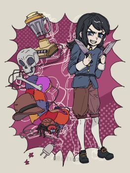 1boy abaddon_(haunted_hotel) absurdres black_hair blender_(object) blue_coat blue_eyes bone bug child chinese_commentary coat commentary_request dual_wielding grin haunted_hotel highres holding holding_knife knife long_hair looking_at_viewer male_focus noecho skull smile solo spider standing